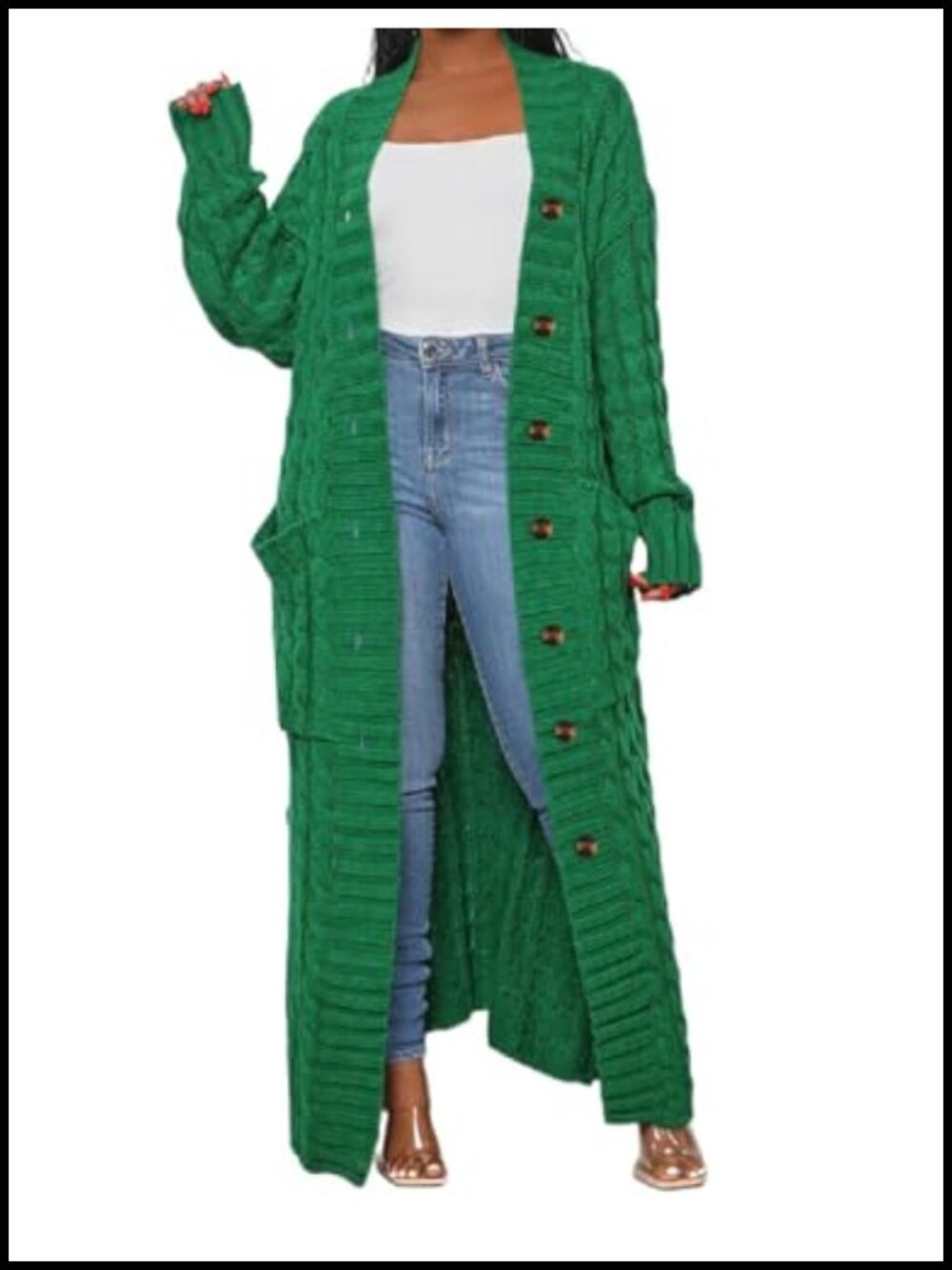 Cable Knit Chunky Cardigan with Pockets, Floor Length Maxi Sweater Coat